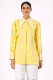 Yellow Embroidered Collar Tie-Up Shirt