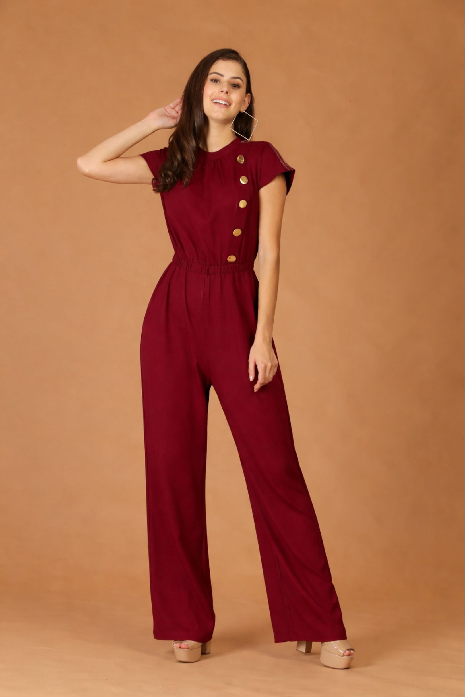 Maroon Turtle Neck Button Jumpsuit