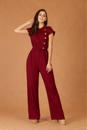 Maroon Turtle Neck Button Jumpsuit