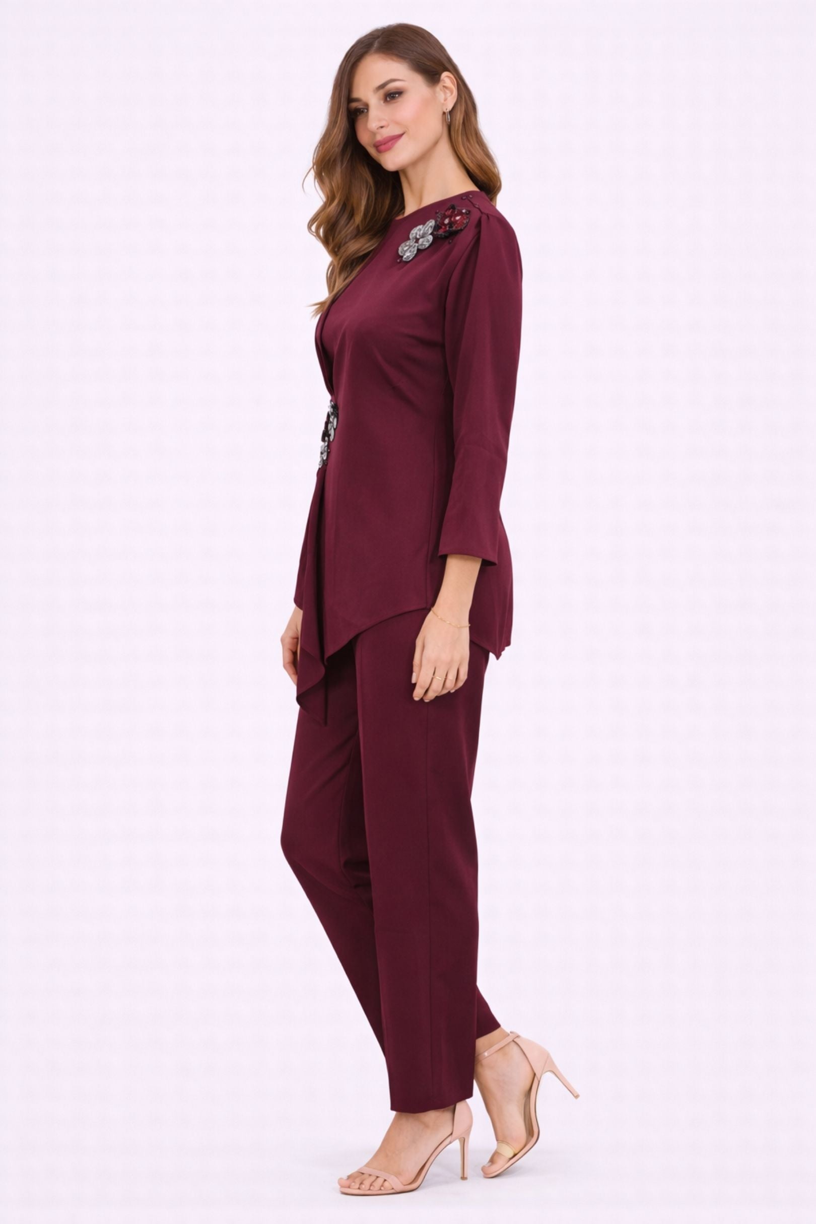 Maroon Draped Embellished Co-Ord Set