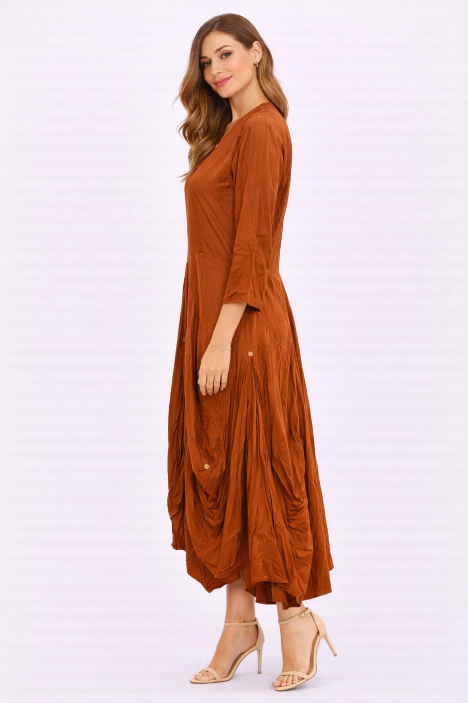 Rust V-Neck Flowy Midi Dress