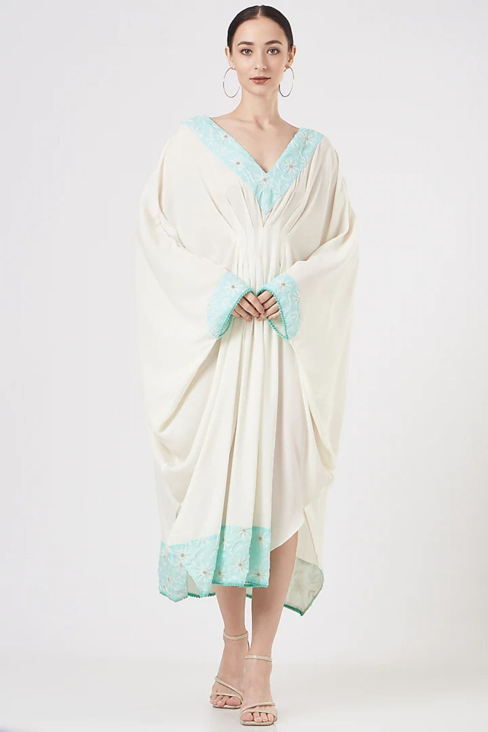 Ivory Draped Dress with Aqua Embroidered Accents