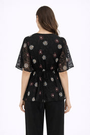 Black Embroidered Peplum Top