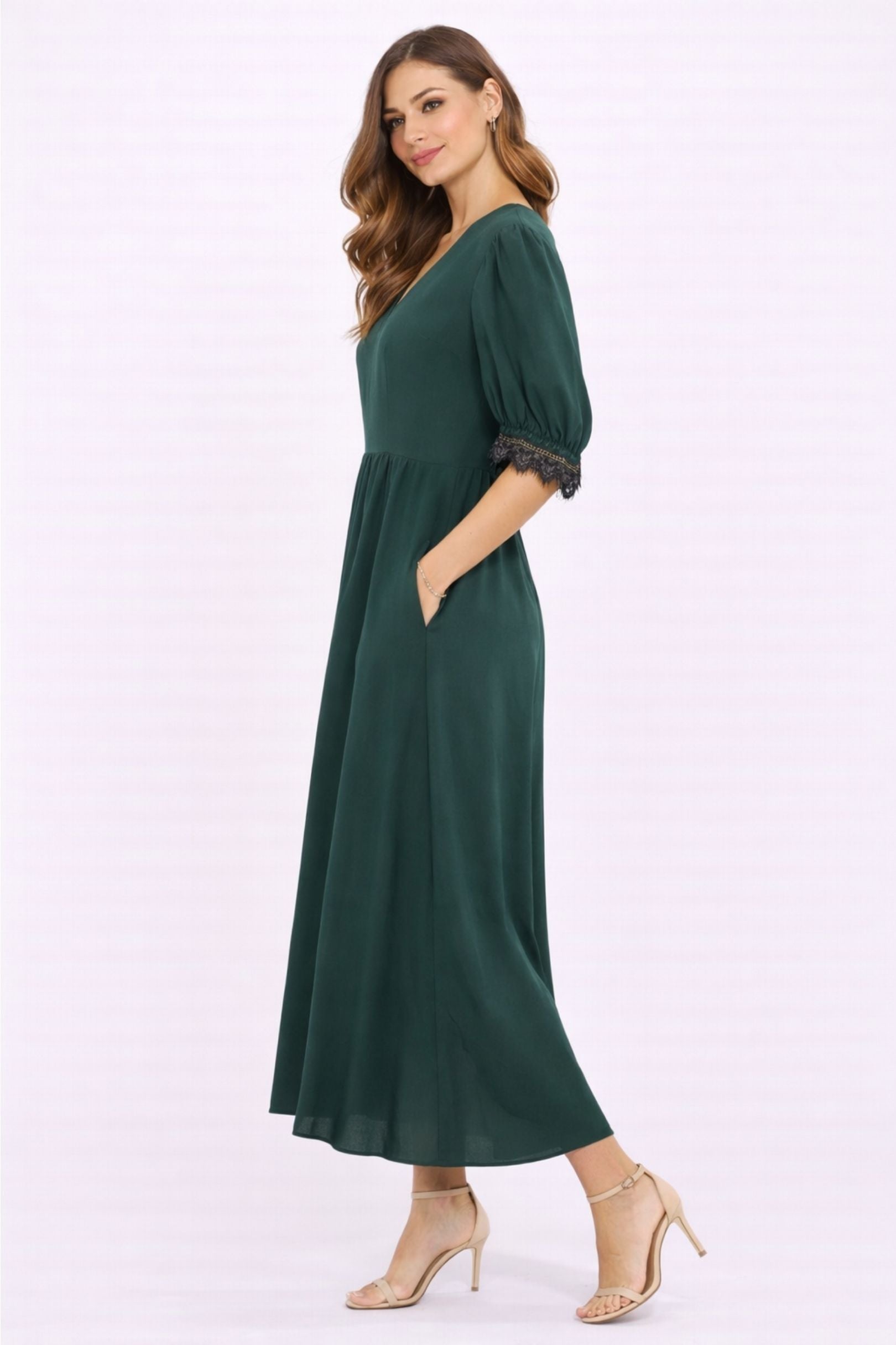 Bottle Green Lace-Trim Sleeve Midi Dress