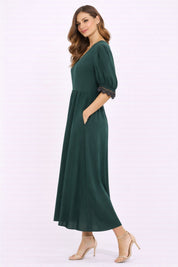 Bottle Green Lace-Trim Sleeve Midi Dress
