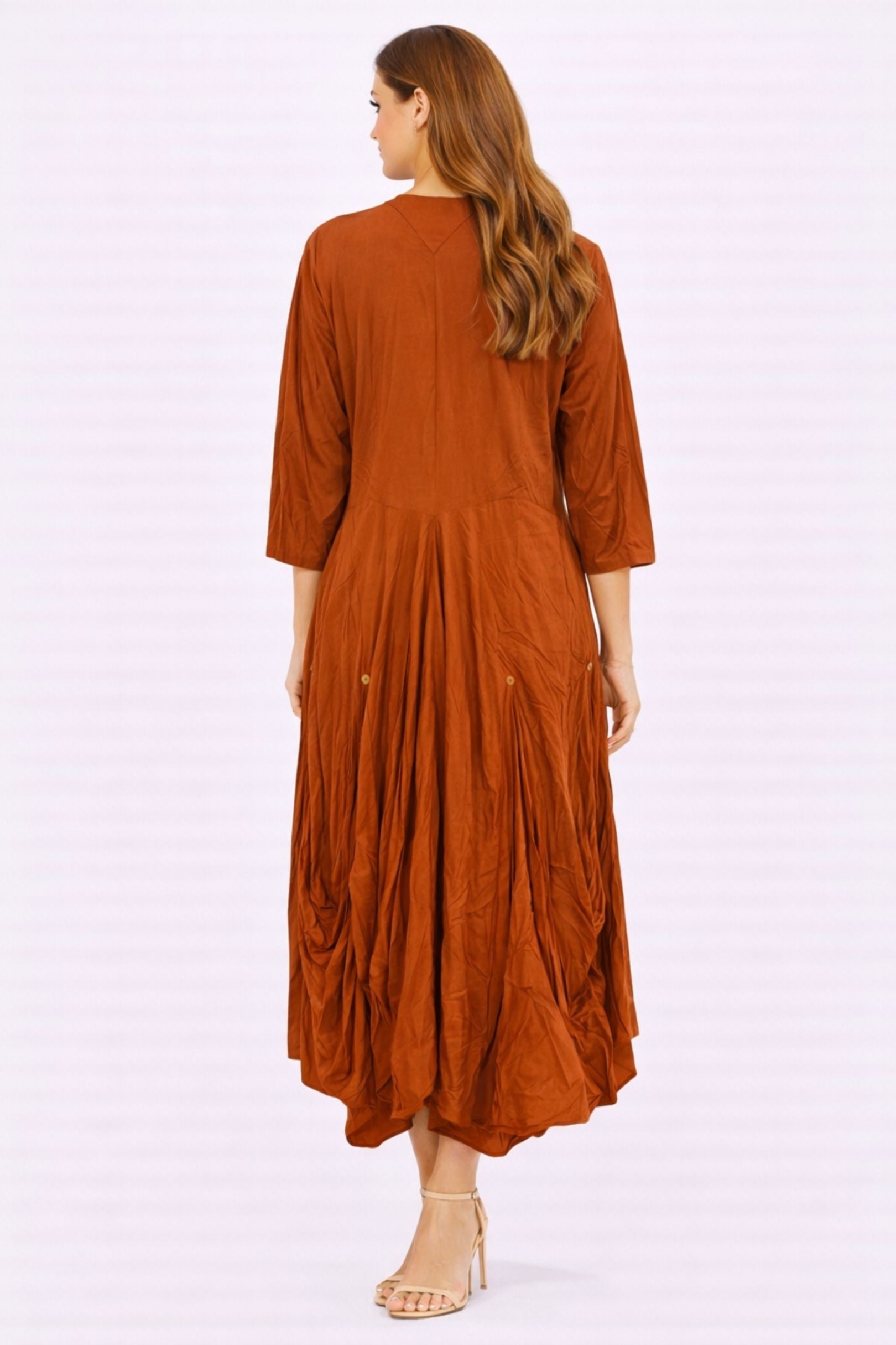 Rust V-Neck Flowy Midi Dress
