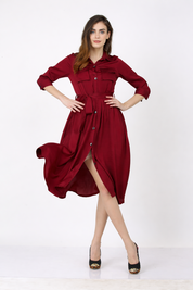 Maroon Button-Down Shirt Dress