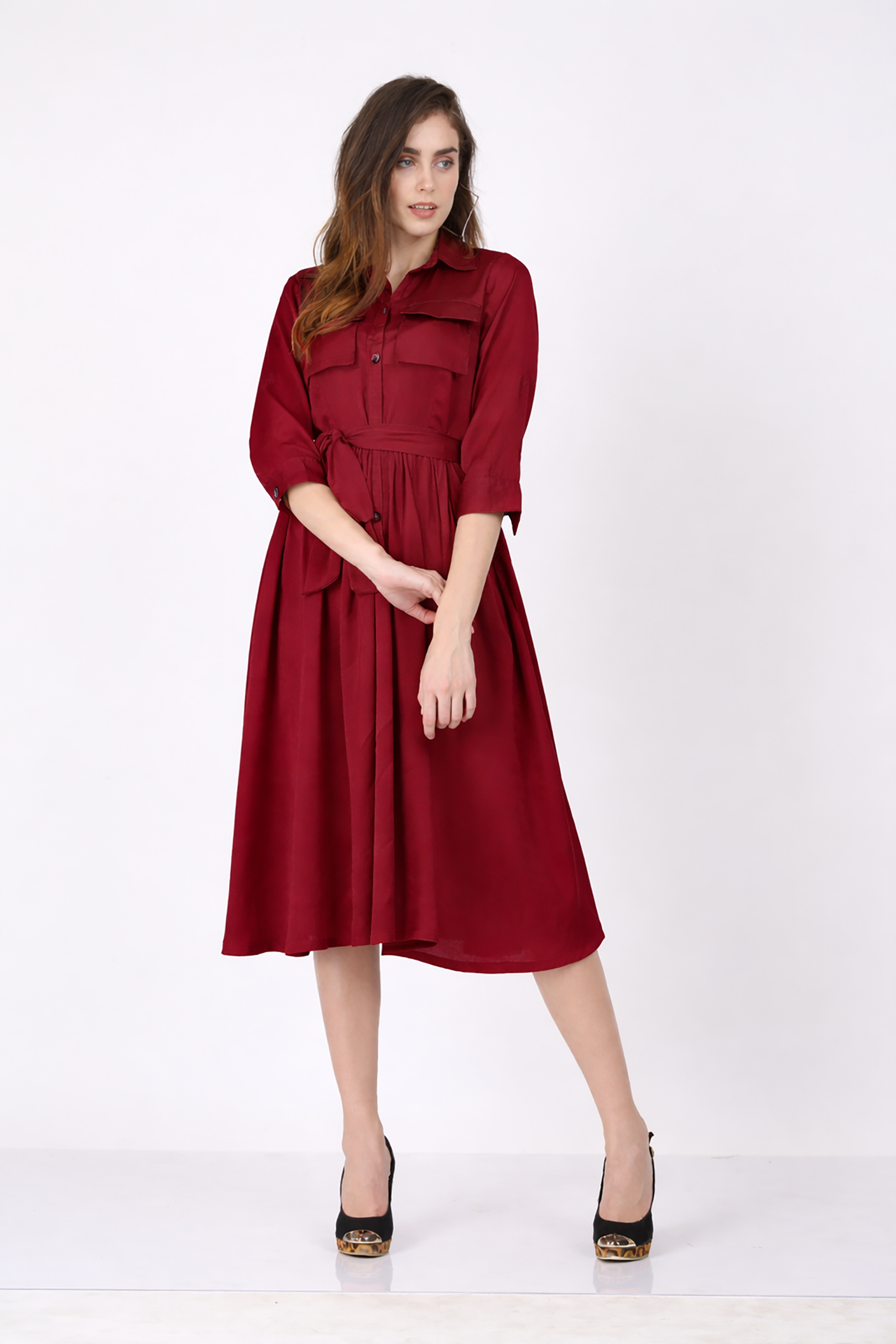 Maroon Button-Down Shirt Dress