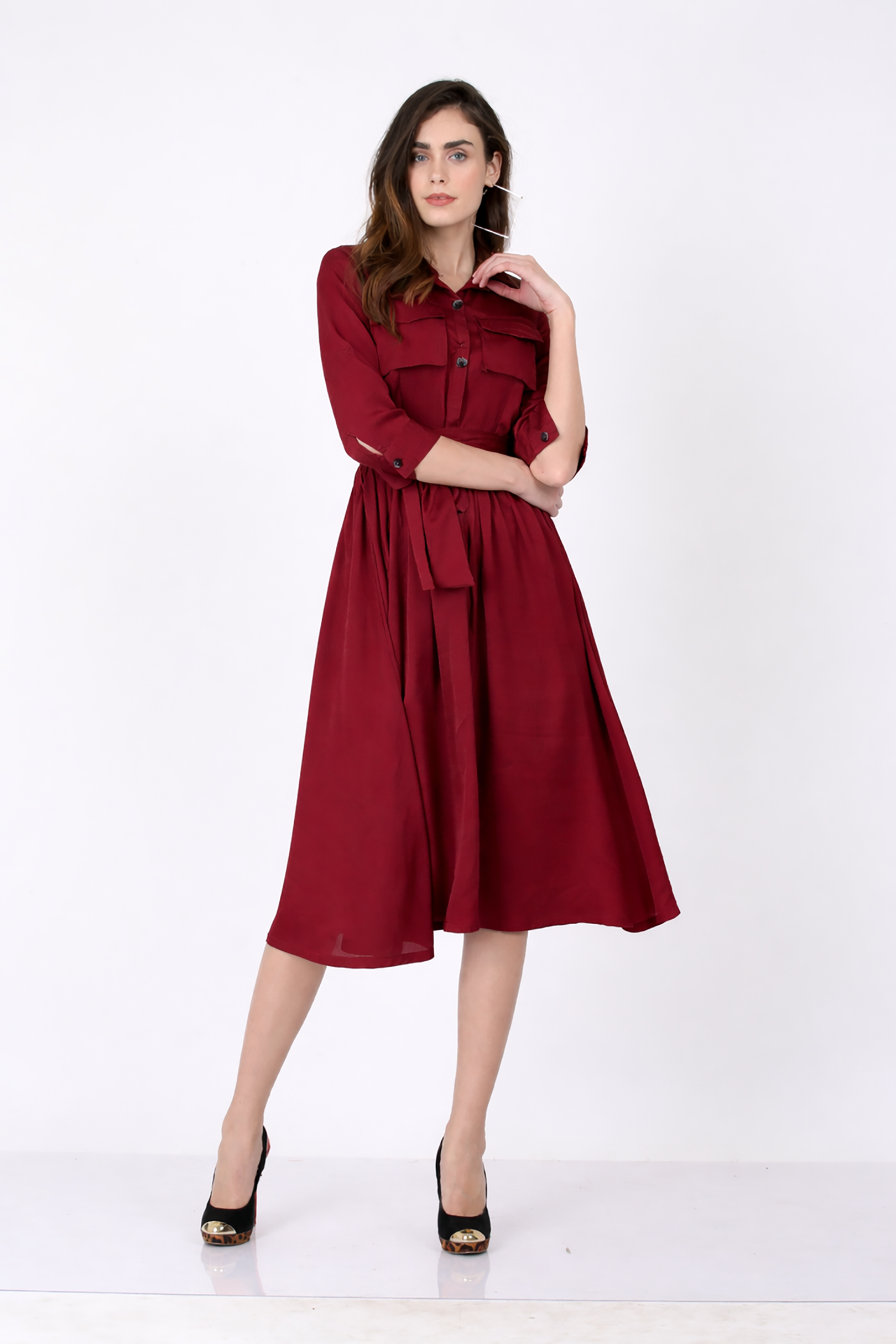 Maroon Button-Down Shirt Dress