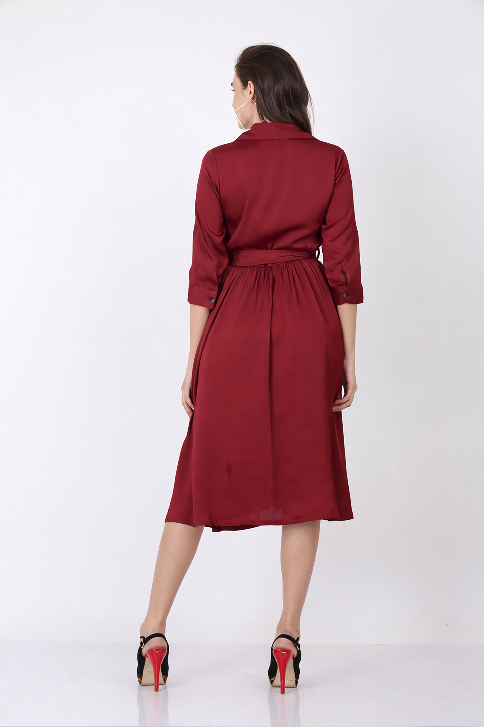 Maroon Button-Down Shirt Dress