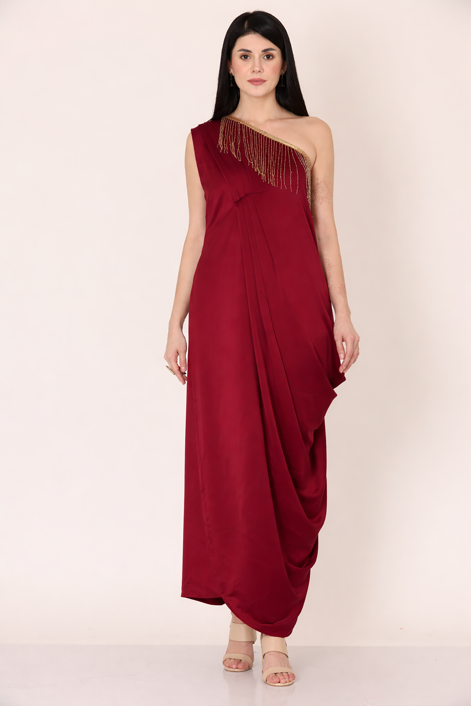 Maroon One-Shoulder Draped Dress