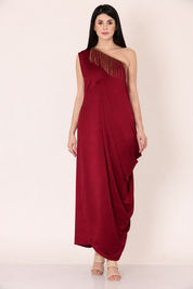 Maroon One-Shoulder Draped Dress