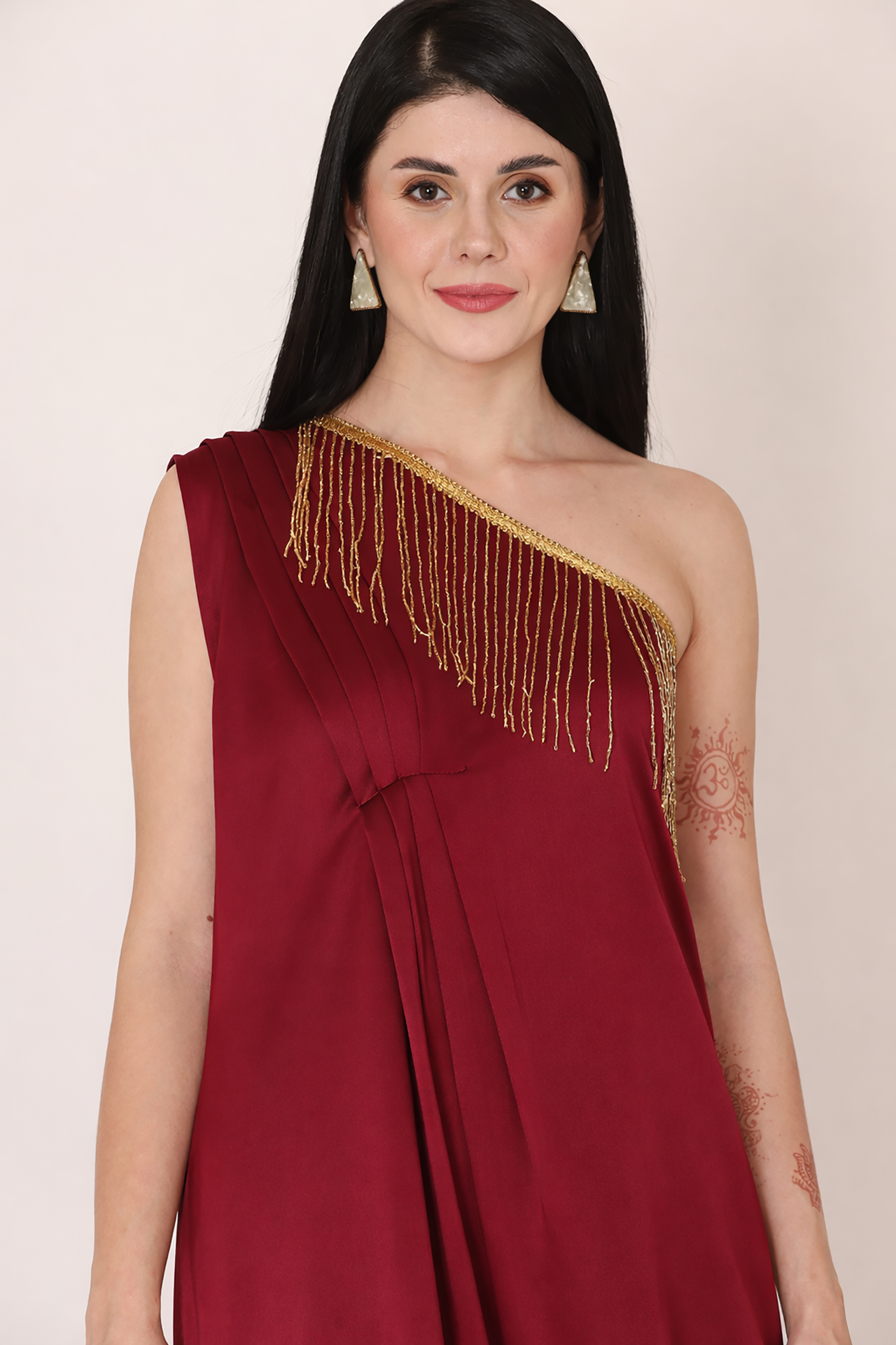 Maroon One-Shoulder Draped Dress