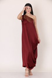 Maroon One-Shoulder Draped Dress