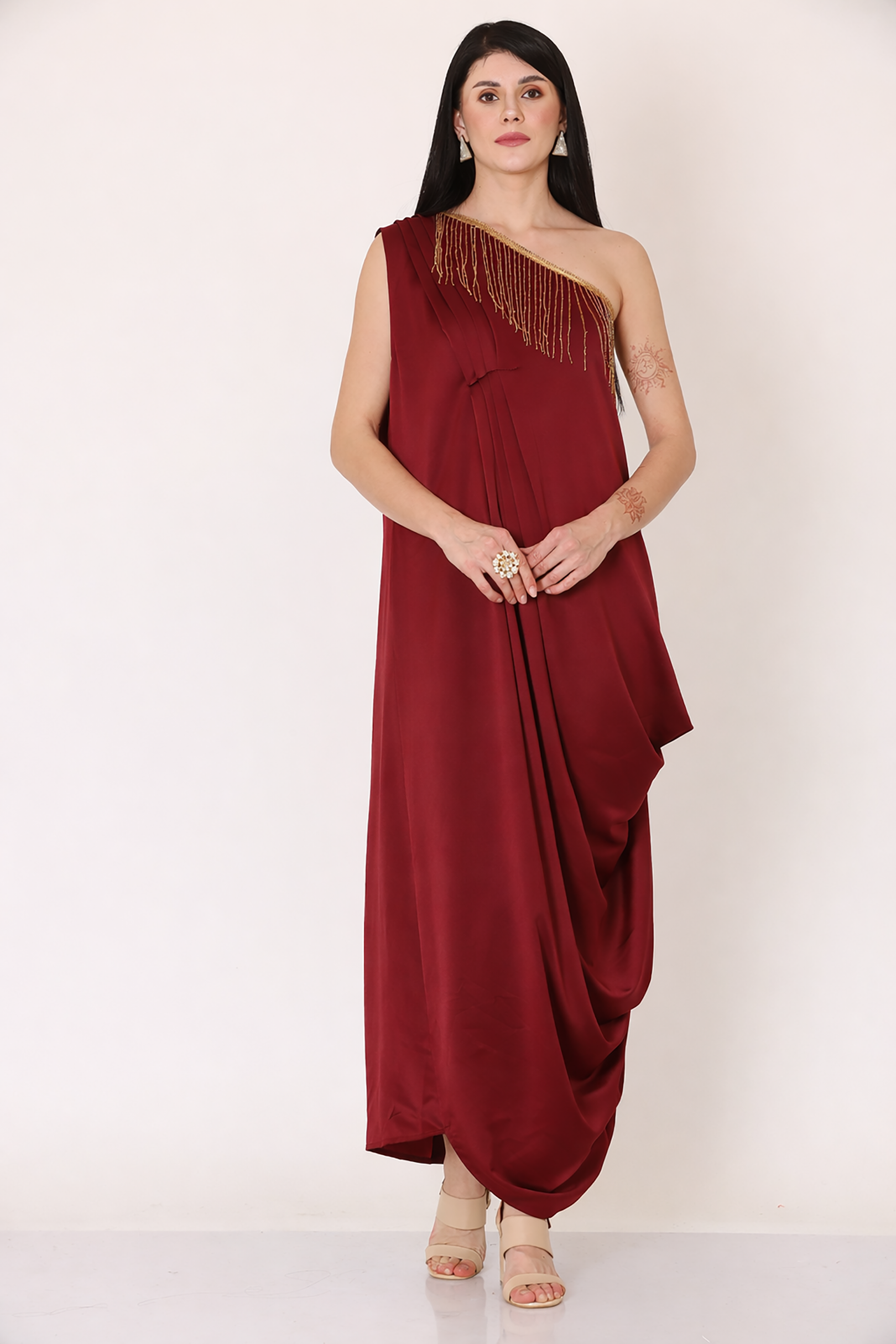 Maroon One-Shoulder Draped Dress
