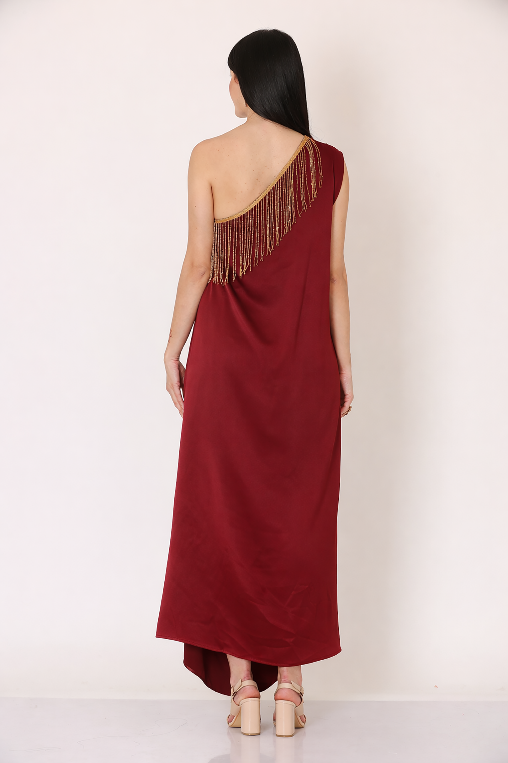 Maroon One-Shoulder Draped Dress