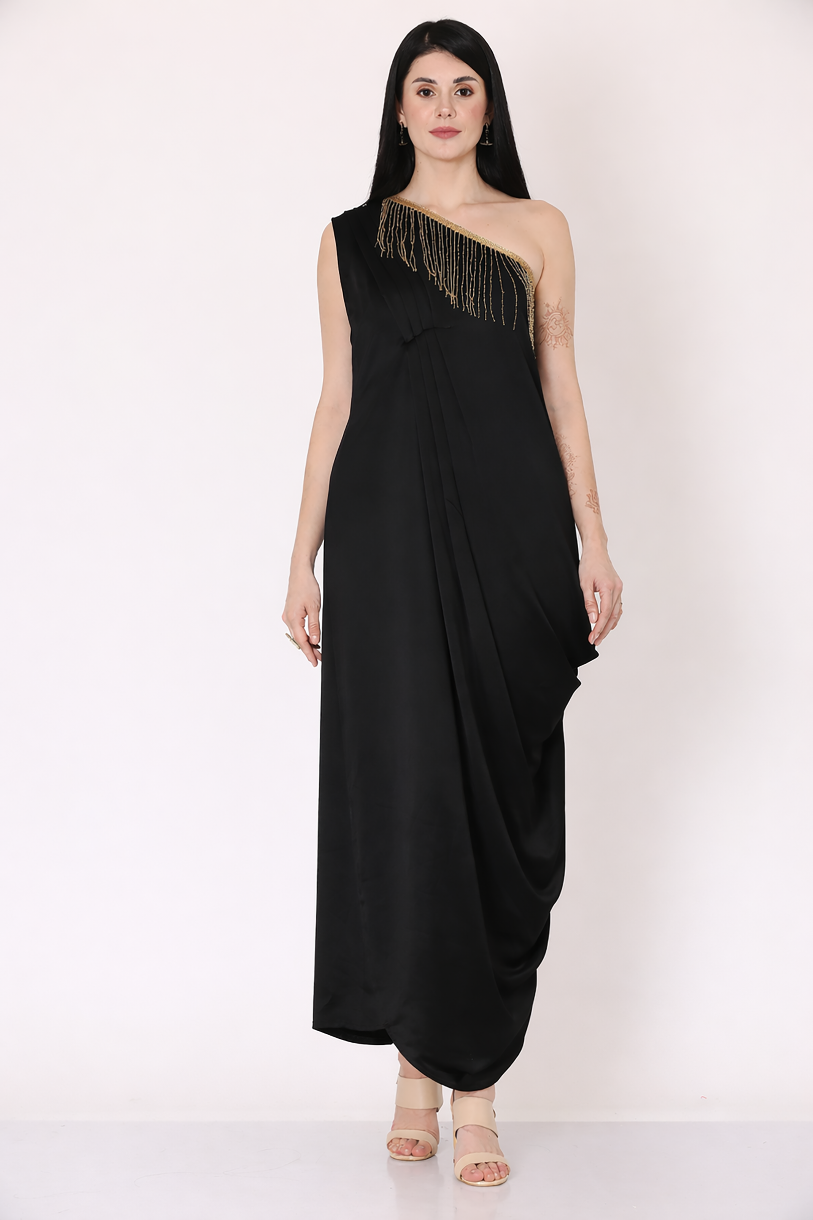 Black One Shoulder Draped Dress