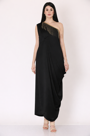 Black One Shoulder Draped Dress