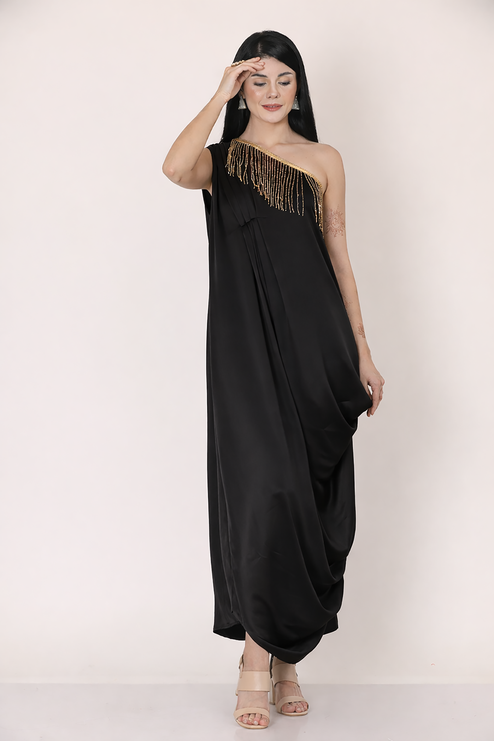Black One Shoulder Draped Dress