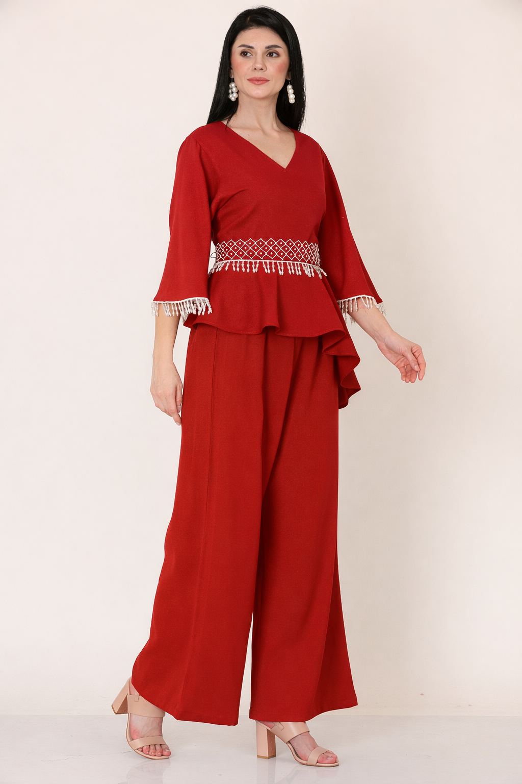 Red Peplum Co-ord Set with Geometric Fringe Detailing