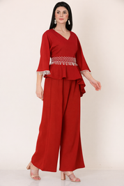 Red Peplum Co-ord Set with Geometric Fringe Detailing
