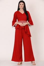 Red Peplum Co-ord Set with Geometric Fringe Detailing