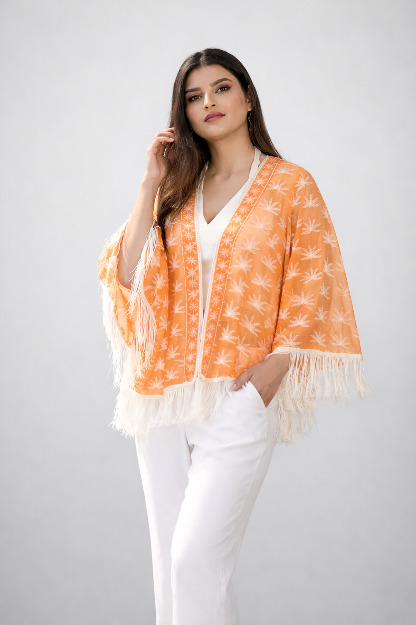 Orange Embroidered Kimono Cape