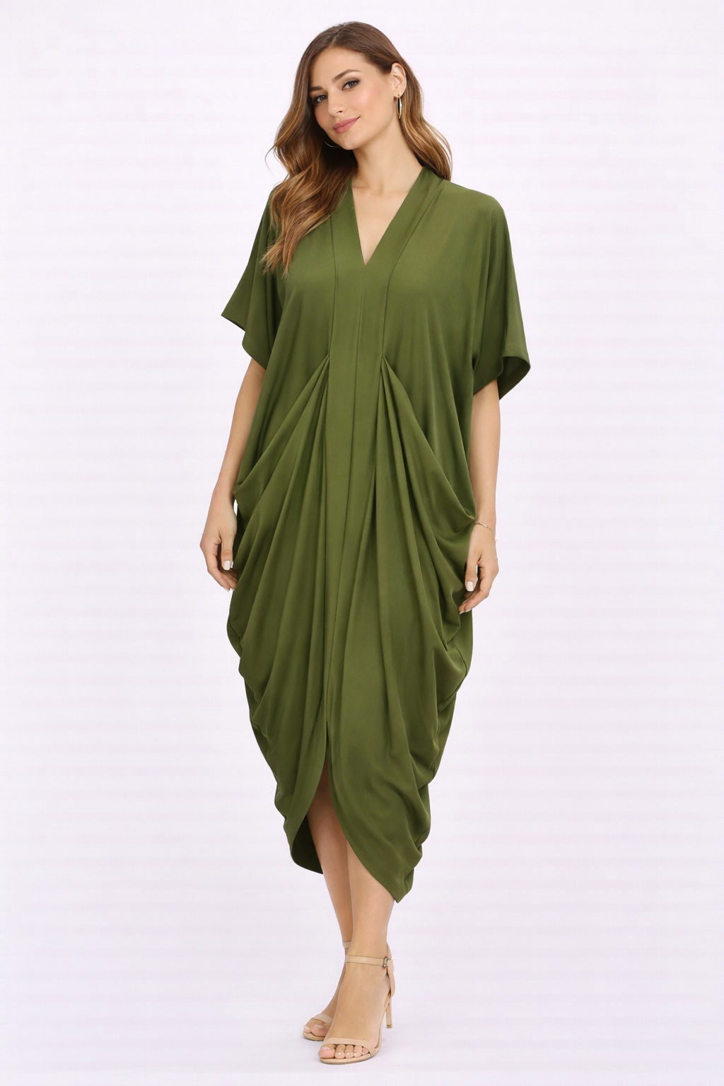Olive Asymmetrical Drape Midi Dress