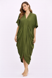 Olive Asymmetrical Drape Midi Dress