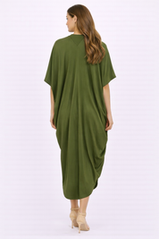 Olive Asymmetrical Drape Midi Dress
