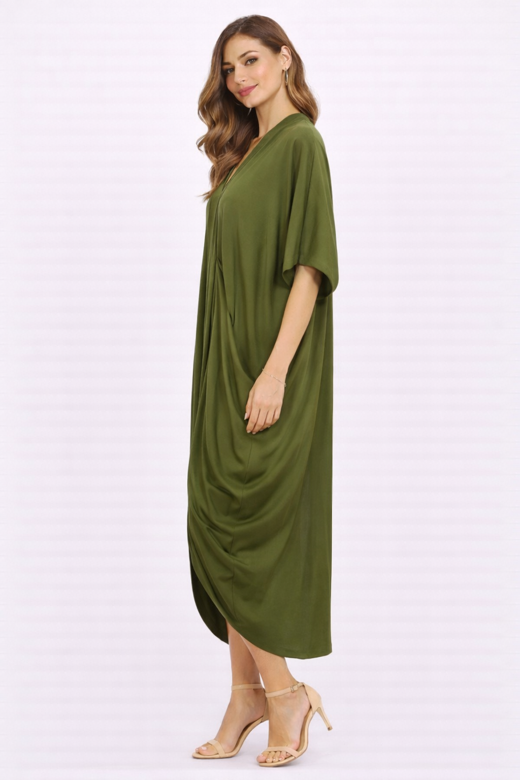 Olive Asymmetrical Drape Midi Dress