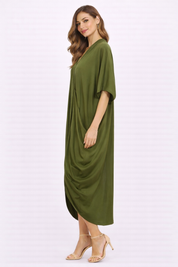 Olive Asymmetrical Drape Midi Dress