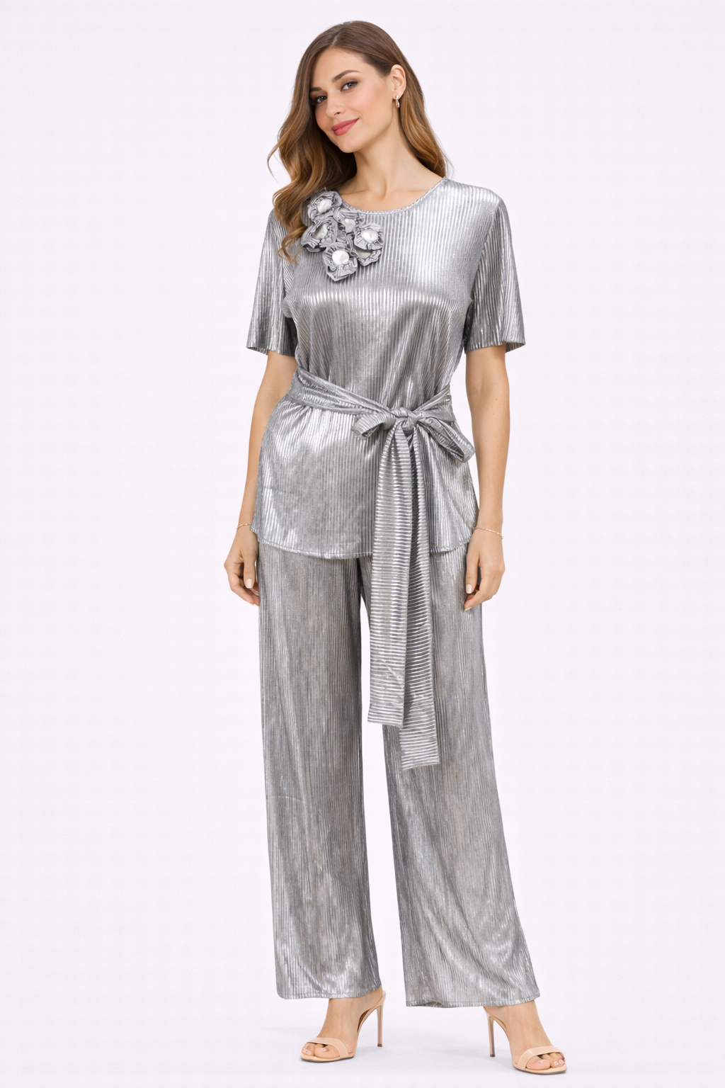 Silver Pleated Floral Co-Ord Set