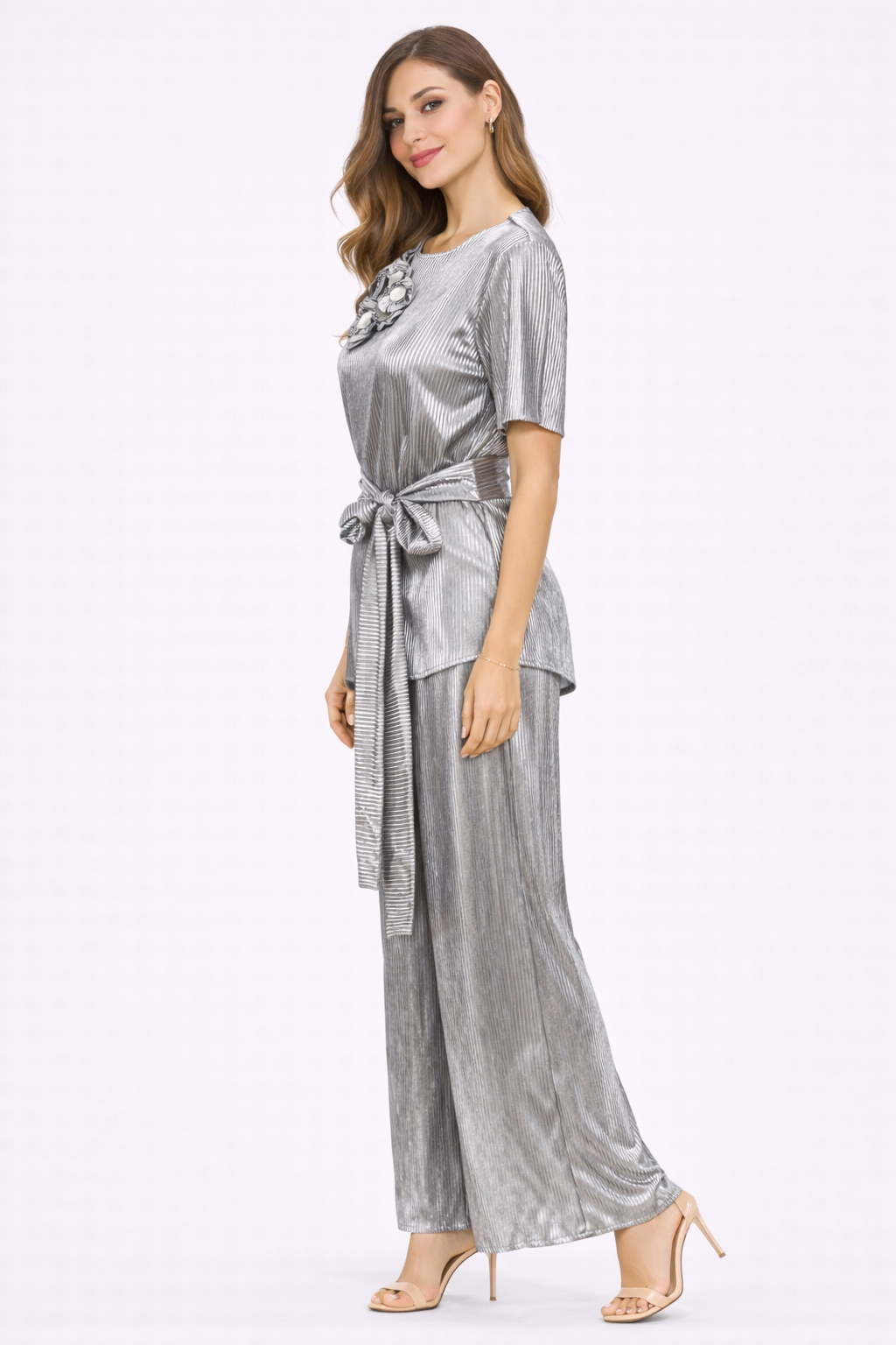 Silver Pleated Floral Co-Ord Set