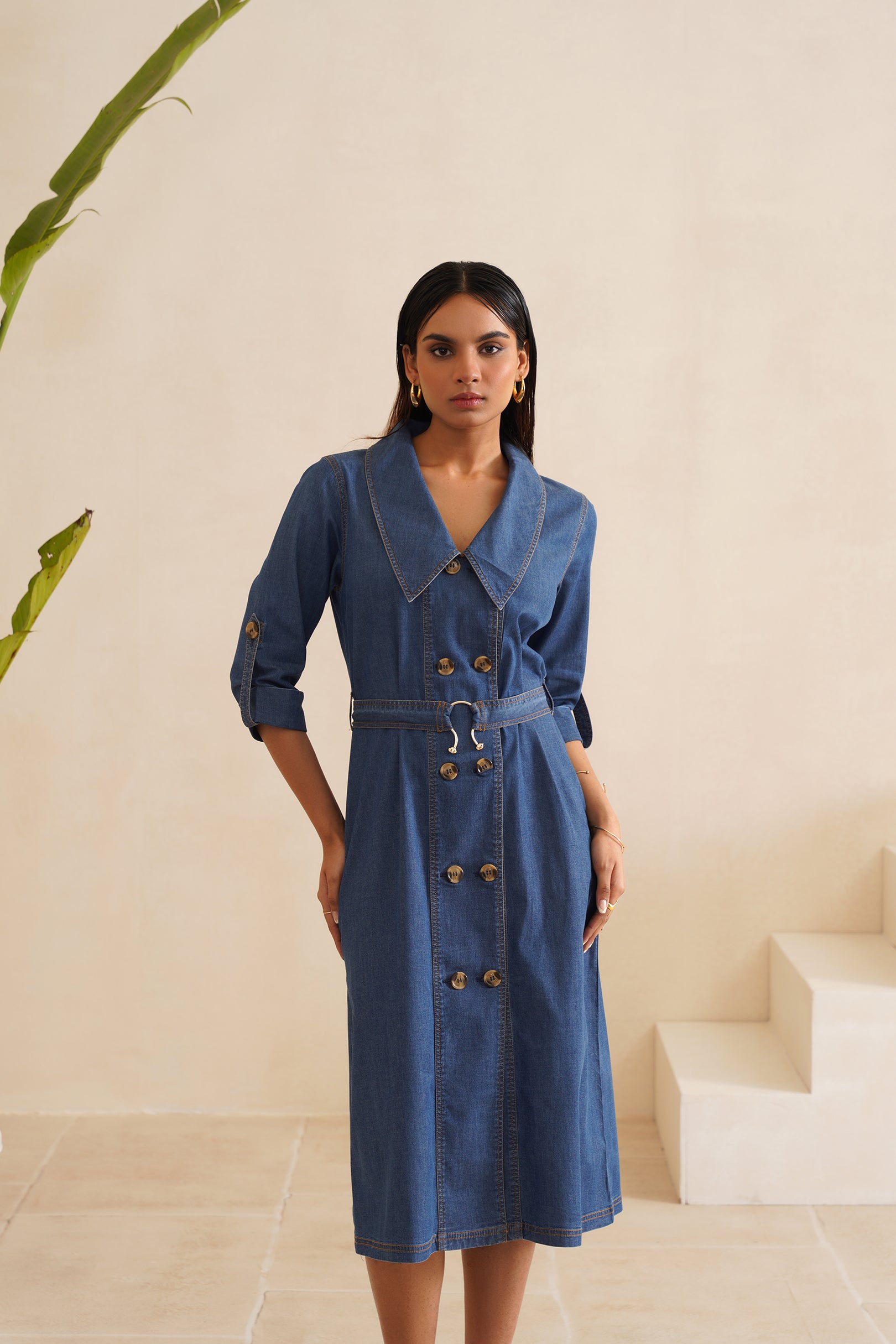 Denim Long Collar Shirt Dress – MIDORI BY SGV - Main Image