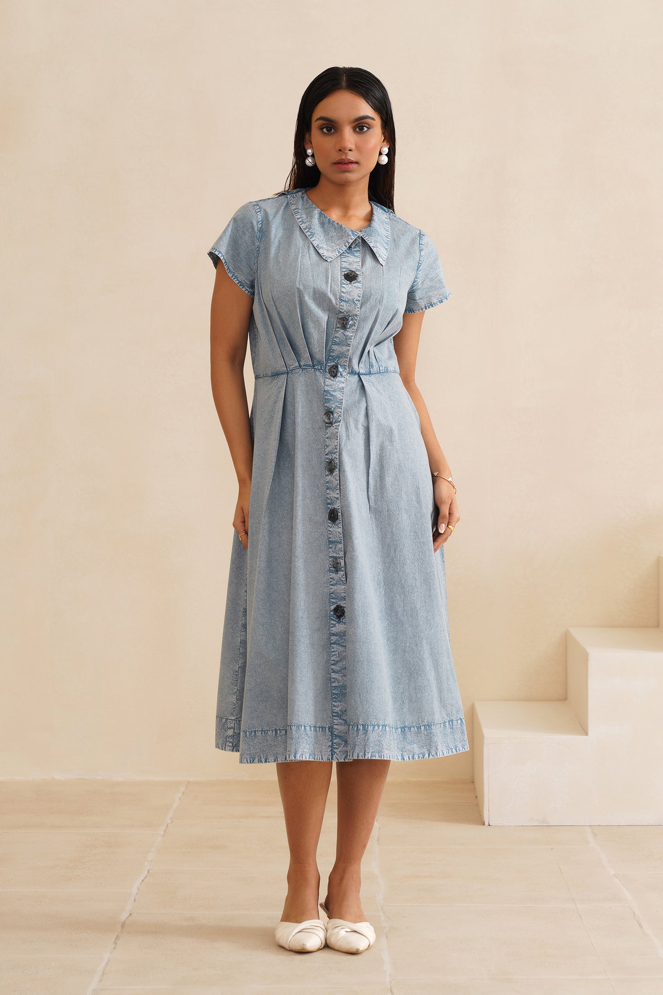 Acid Washed Button-down Shirt Dress Sky Blue / XS