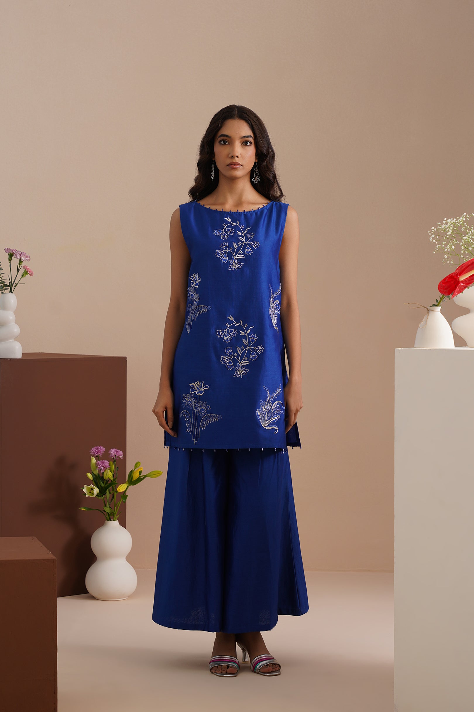 Boat Neck Embroidered Sleeveless Kurta with Flared Pants