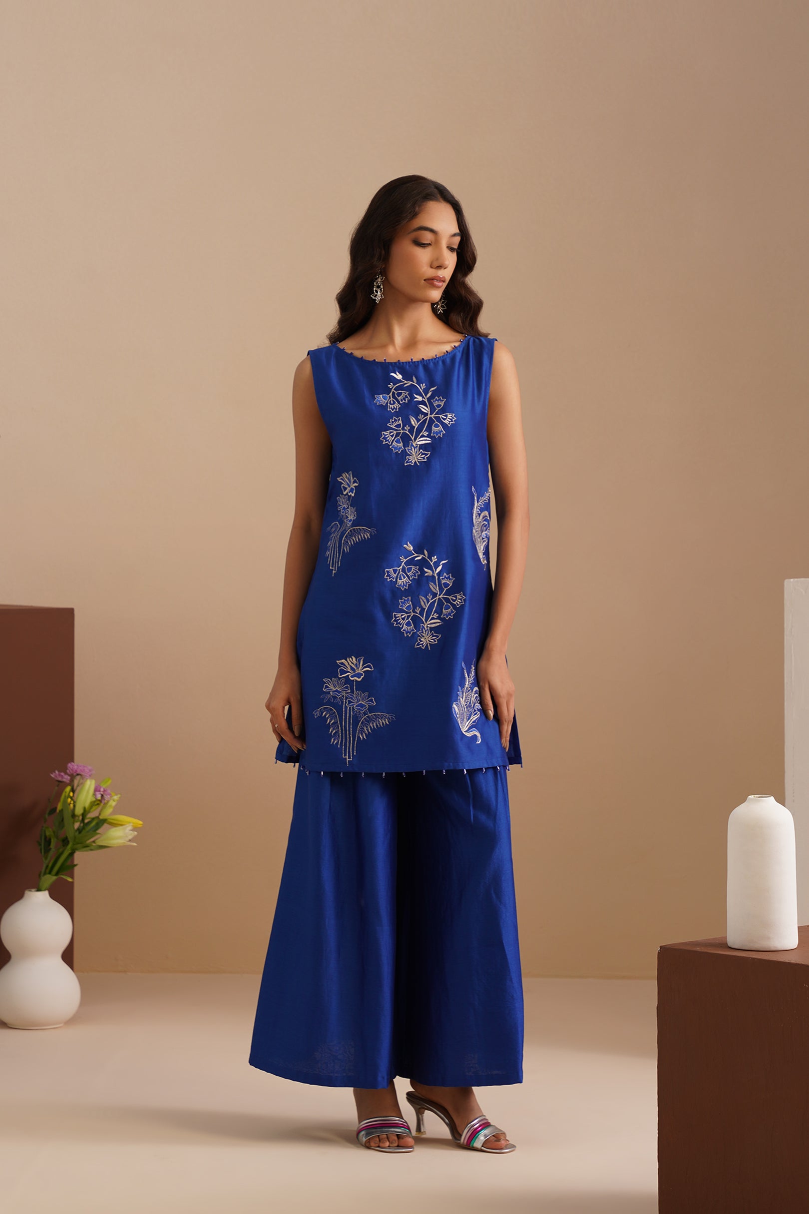 Boat Neck Embroidered Sleeveless Kurta with Flared Pants