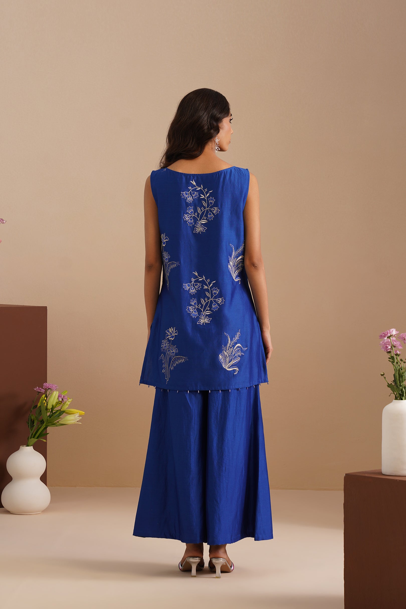 Boat Neck Embroidered Sleeveless Kurta with Flared Pants