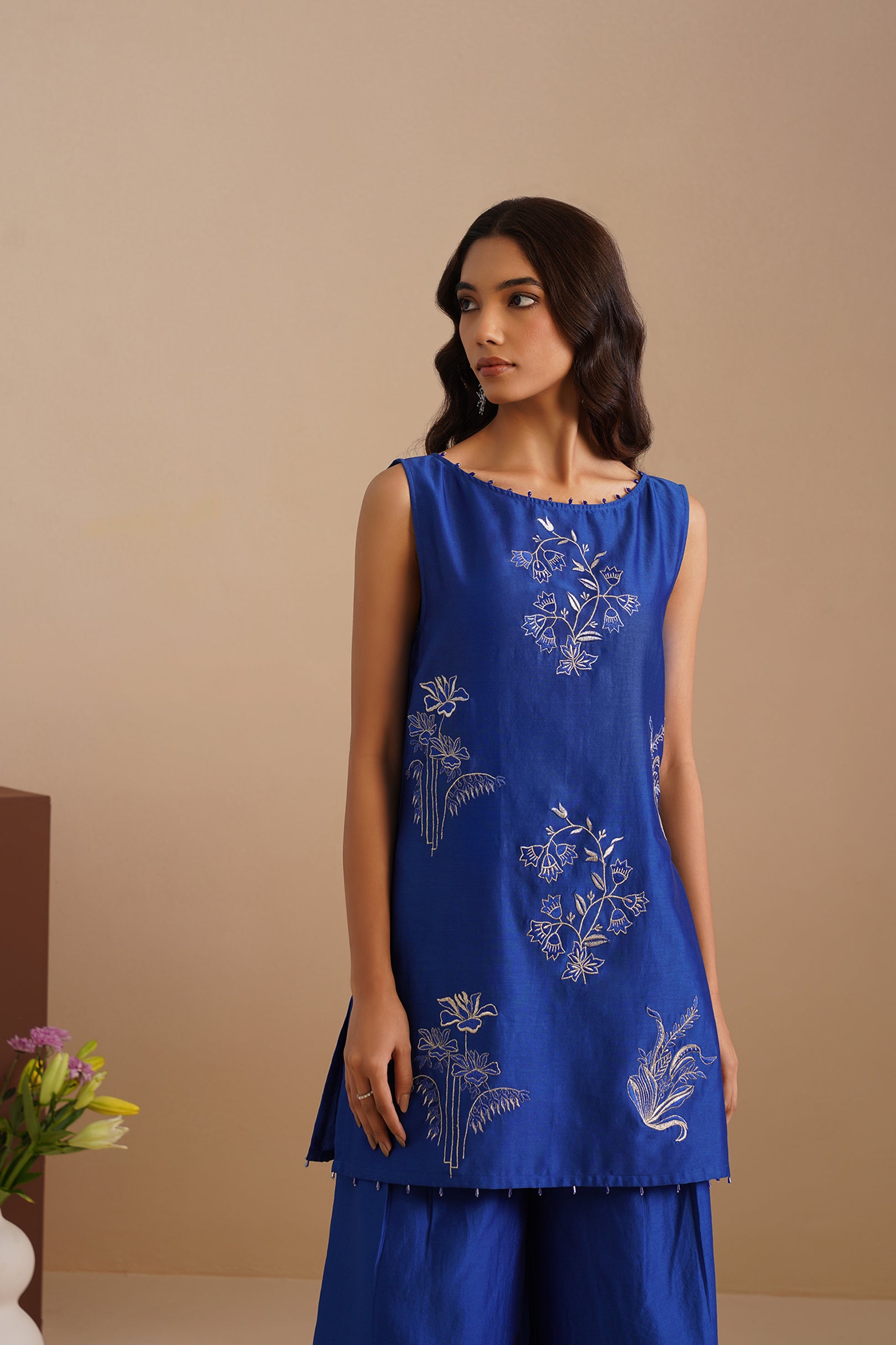 Boat Neck Embroidered Sleeveless Kurta with Flared Pants