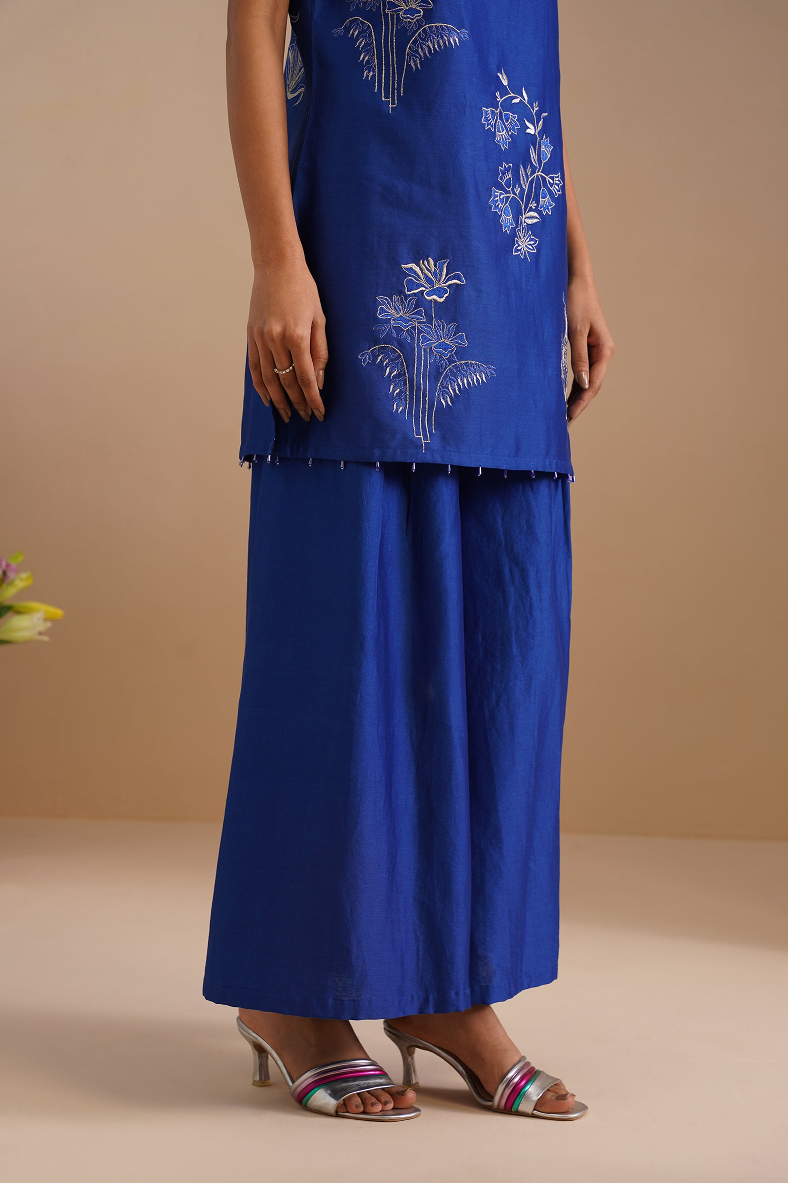 Boat Neck Embroidered Sleeveless Kurta with Flared Pants
