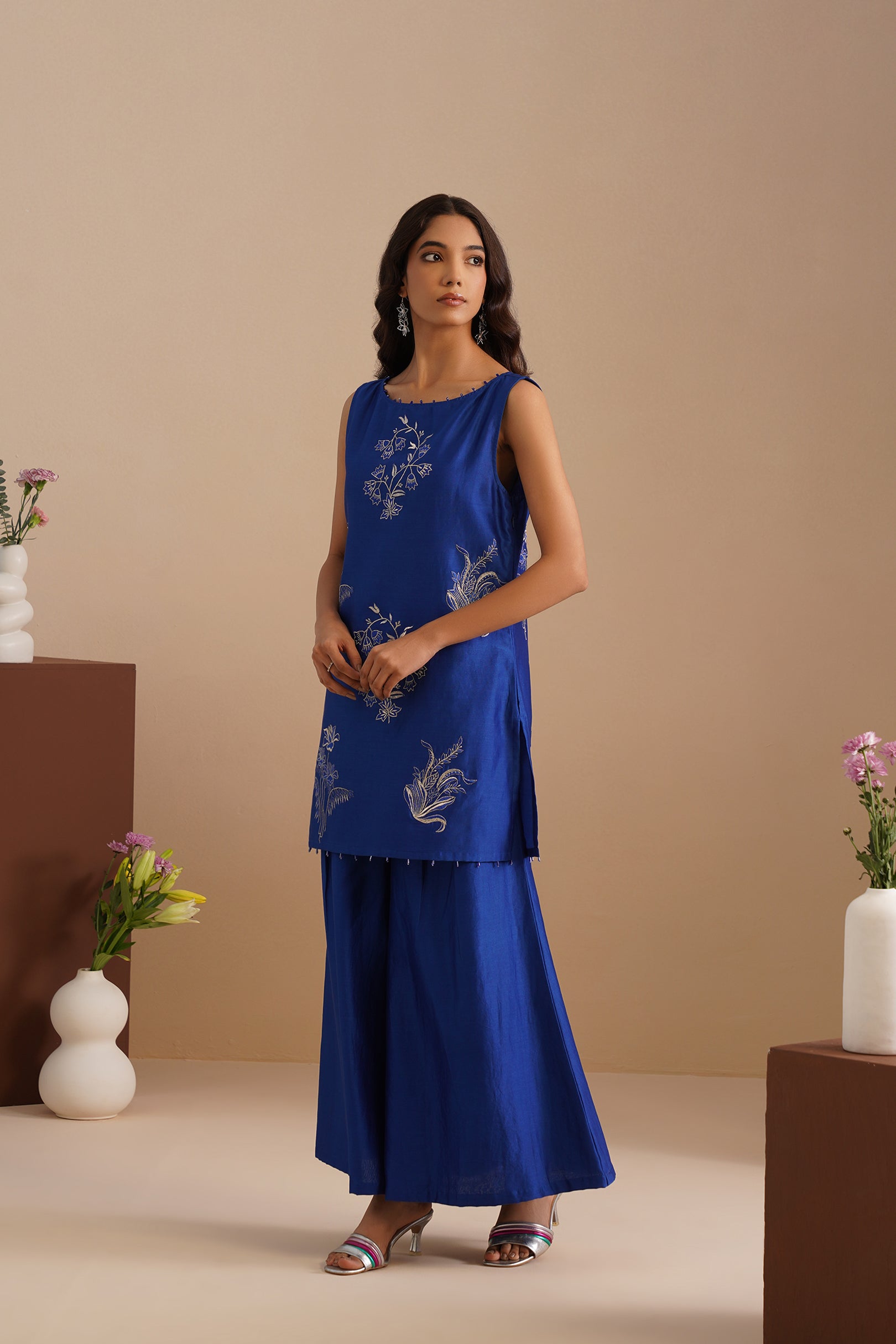 Boat Neck Embroidered Sleeveless Kurta with Flared Pants