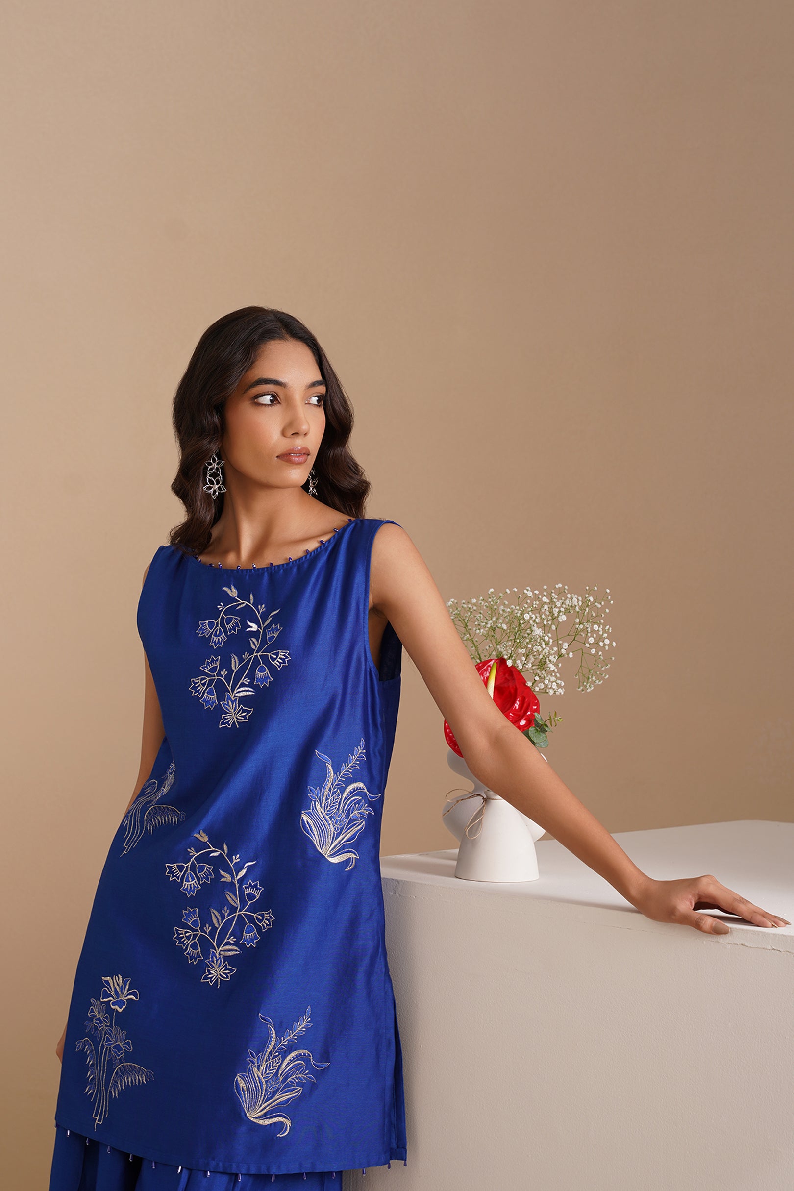 Boat Neck Embroidered Sleeveless Kurta with Flared Pants
