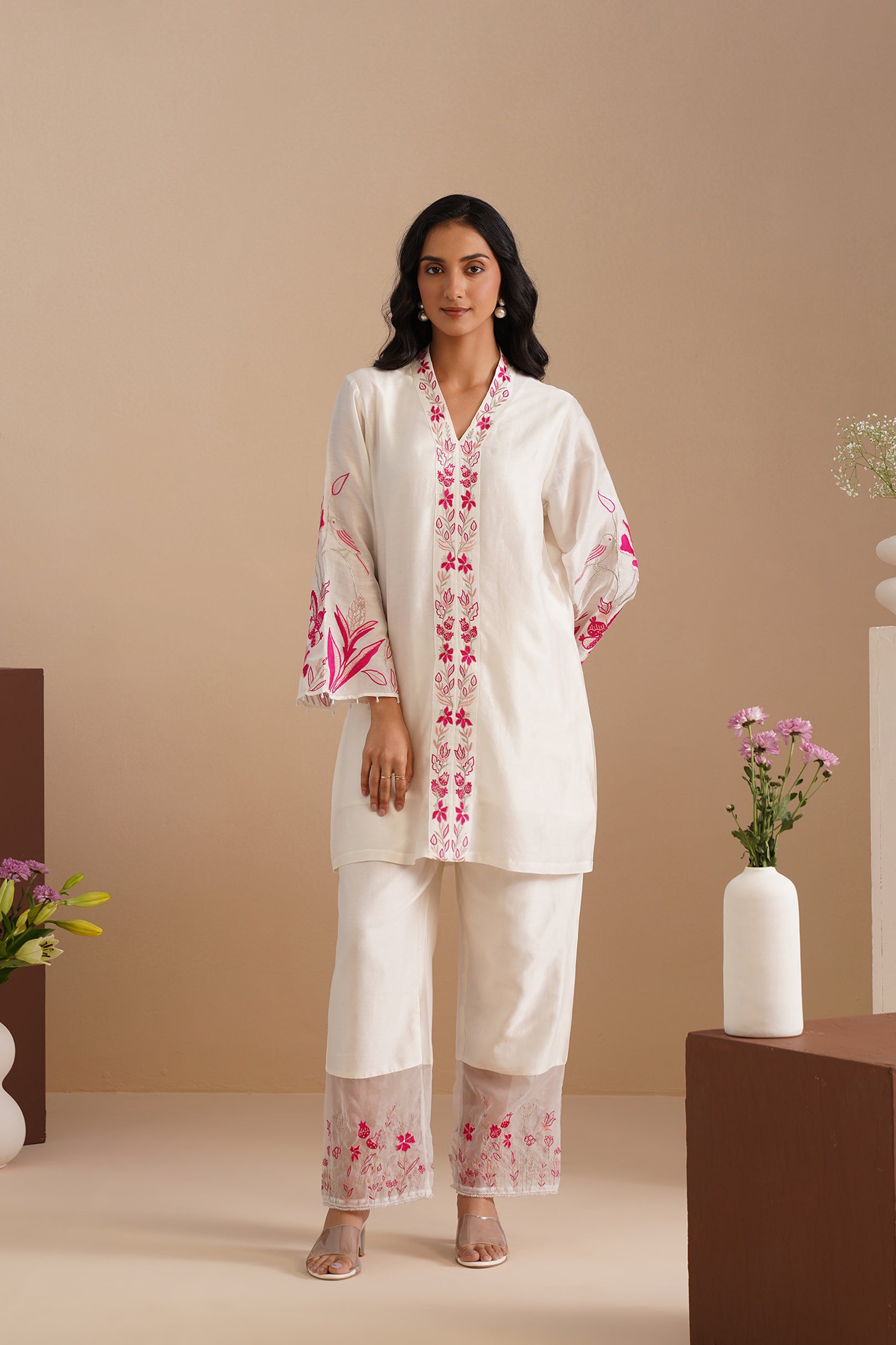 V-neck Embellished Bell Sleeve Kurta with Embroidered Pants