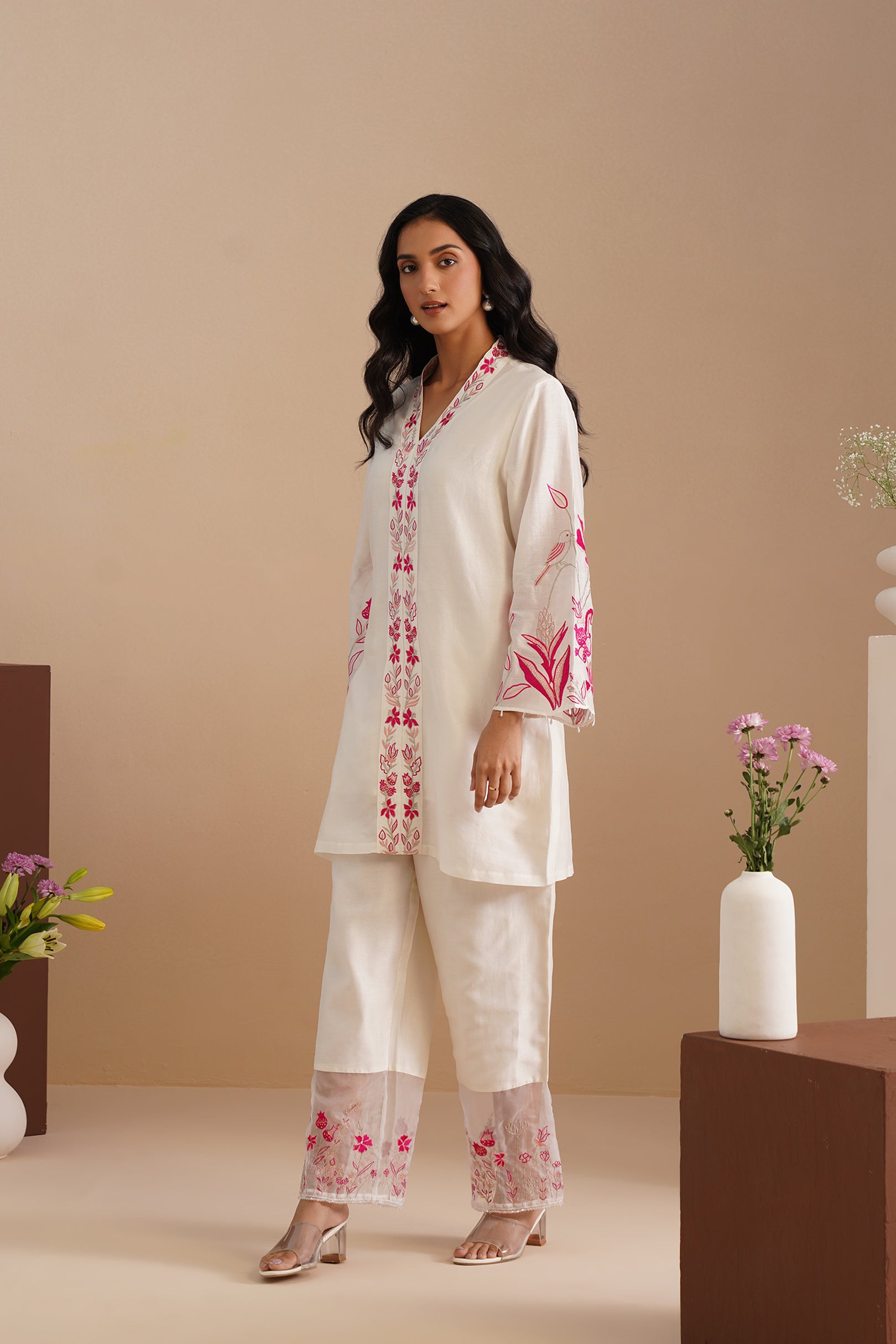 V-neck Embellished Bell Sleeve Kurta with Embroidered Pants
