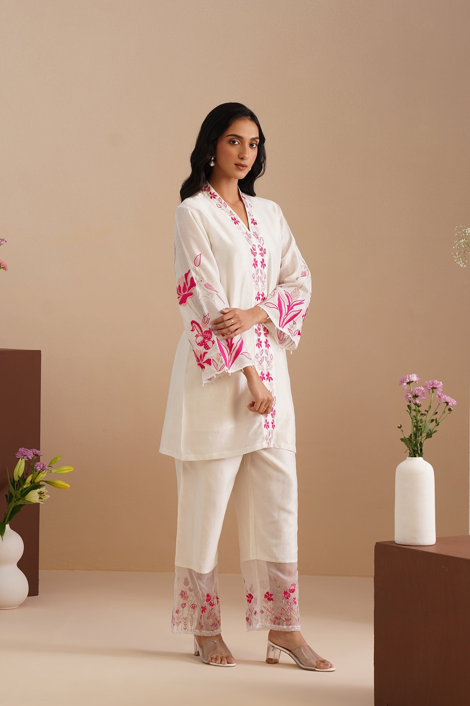 V-neck Embellished Bell Sleeve Kurta with Embroidered Pants