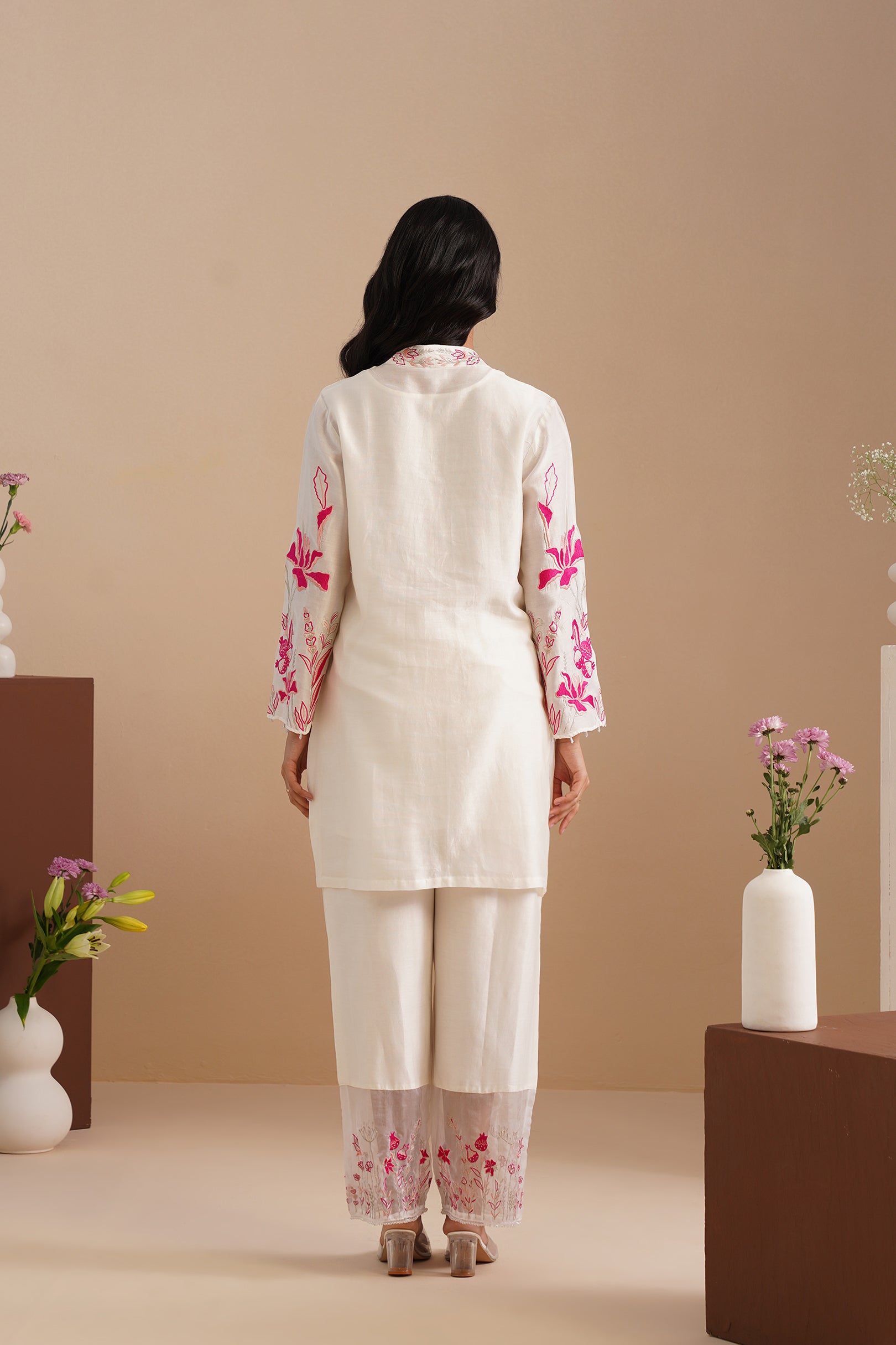 V-neck Embellished Bell Sleeve Kurta with Embroidered Pants