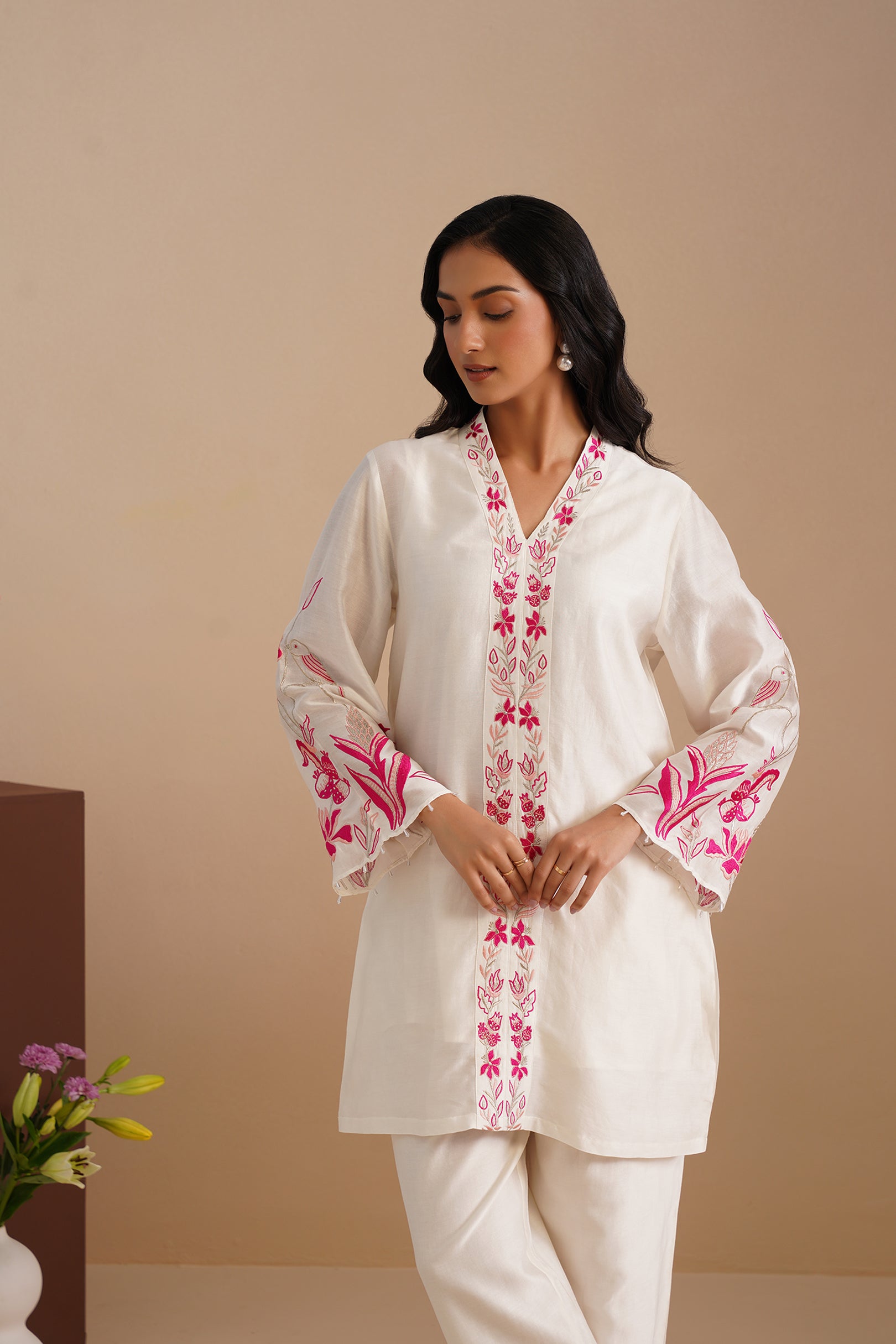 V-neck Embellished Bell Sleeve Kurta with Embroidered Pants
