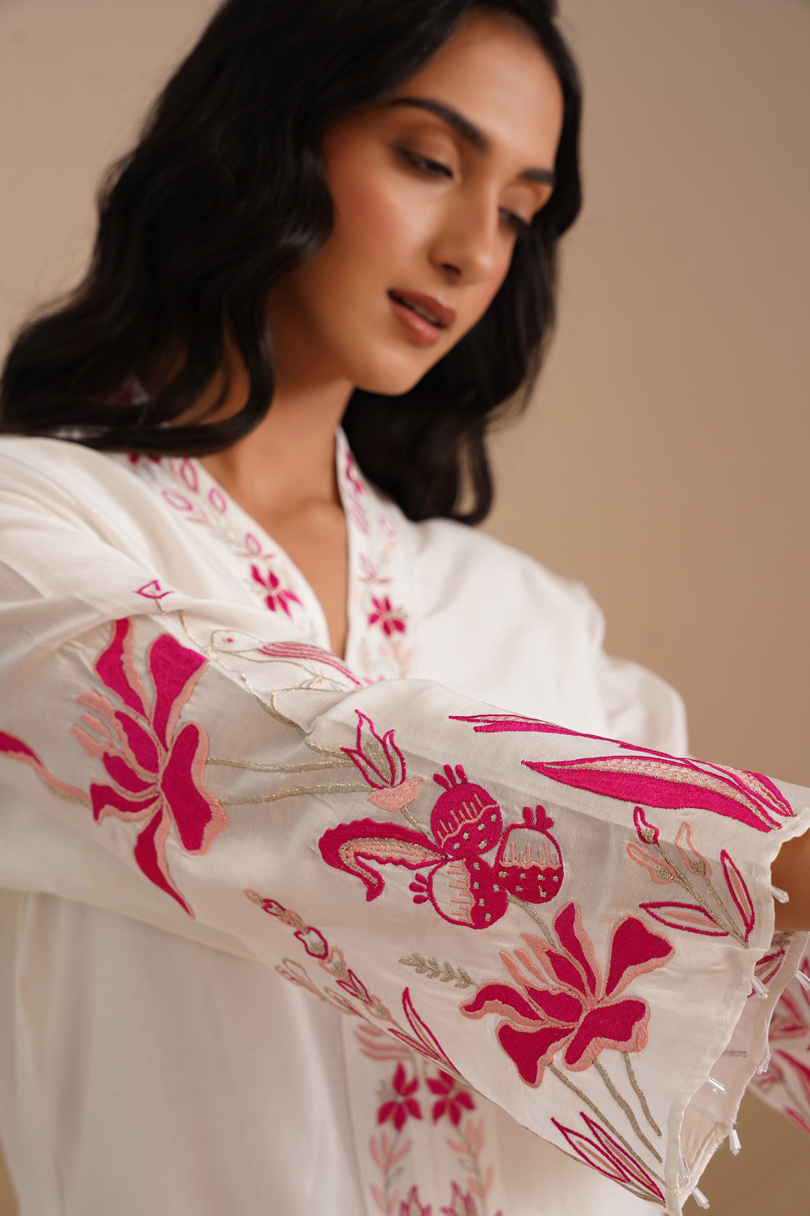 V-neck Embellished Bell Sleeve Kurta with Embroidered Pants