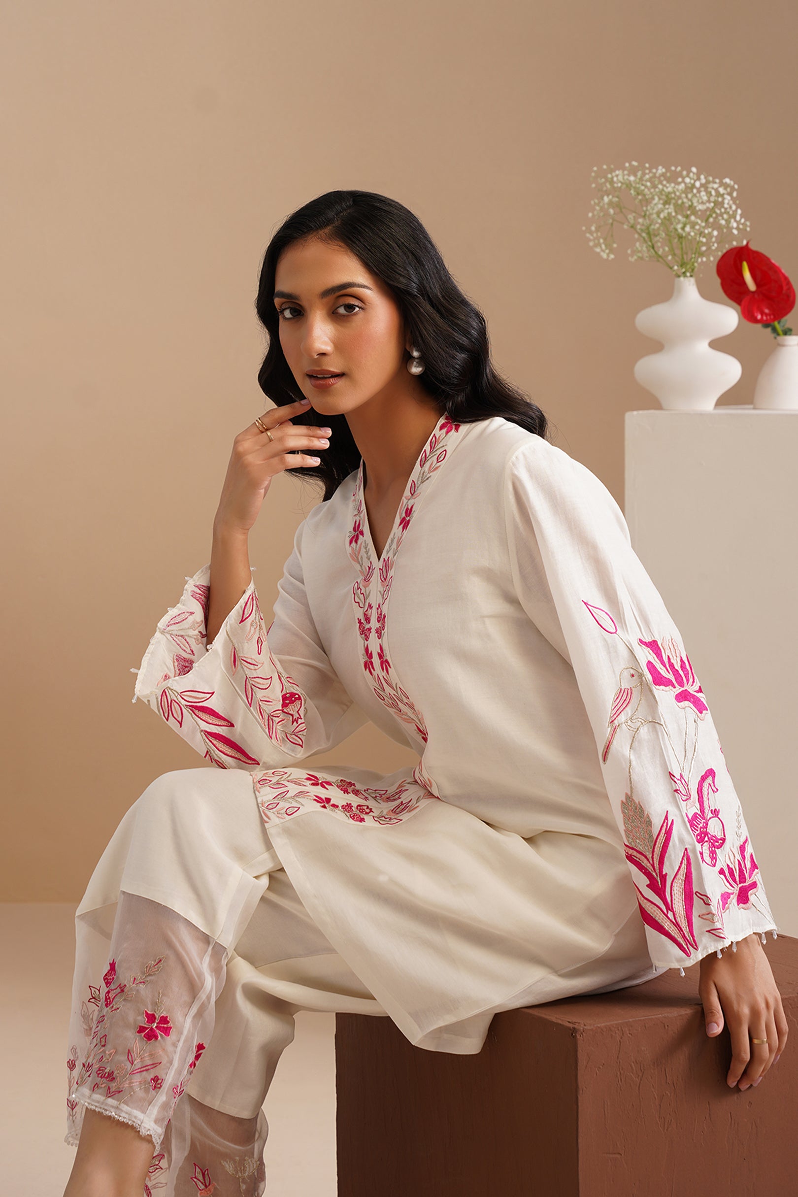 V-neck Embellished Bell Sleeve Kurta with Embroidered Pants